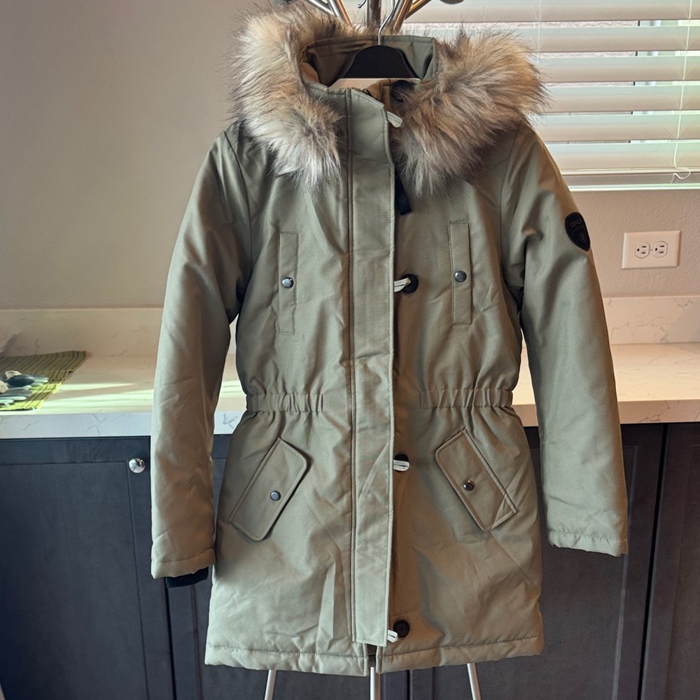 Women's Only Olive Green Parka Coat with Faux Fur Hood